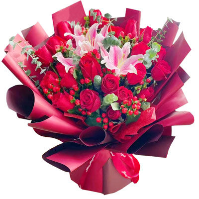 呼和浩特22朵红玫瑰百合，爱的火焰