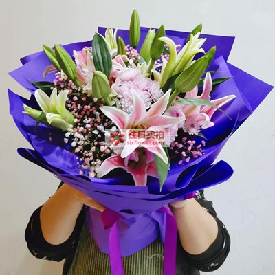 呼和浩特6支粉色多头百合，真诚的问候